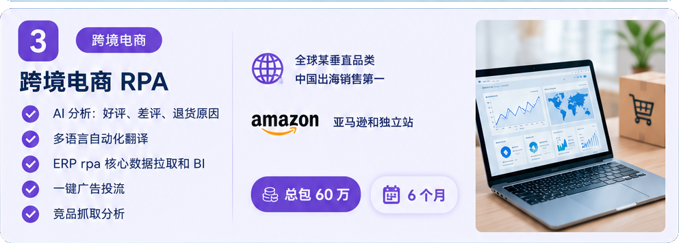 跨境电商 RPA。覆盖亚马逊和独立站，总包 60 万，周期 6 个月。